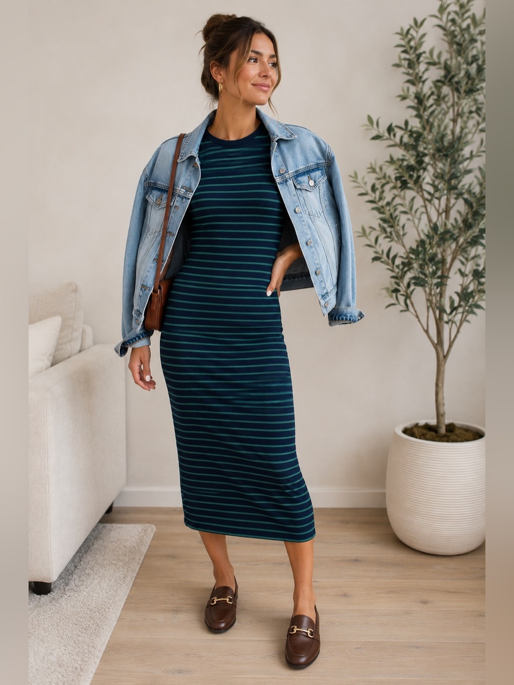 Gilli Women's Fitted Midi Dress Small Blue With Green Stripes Casual Sporty Chic